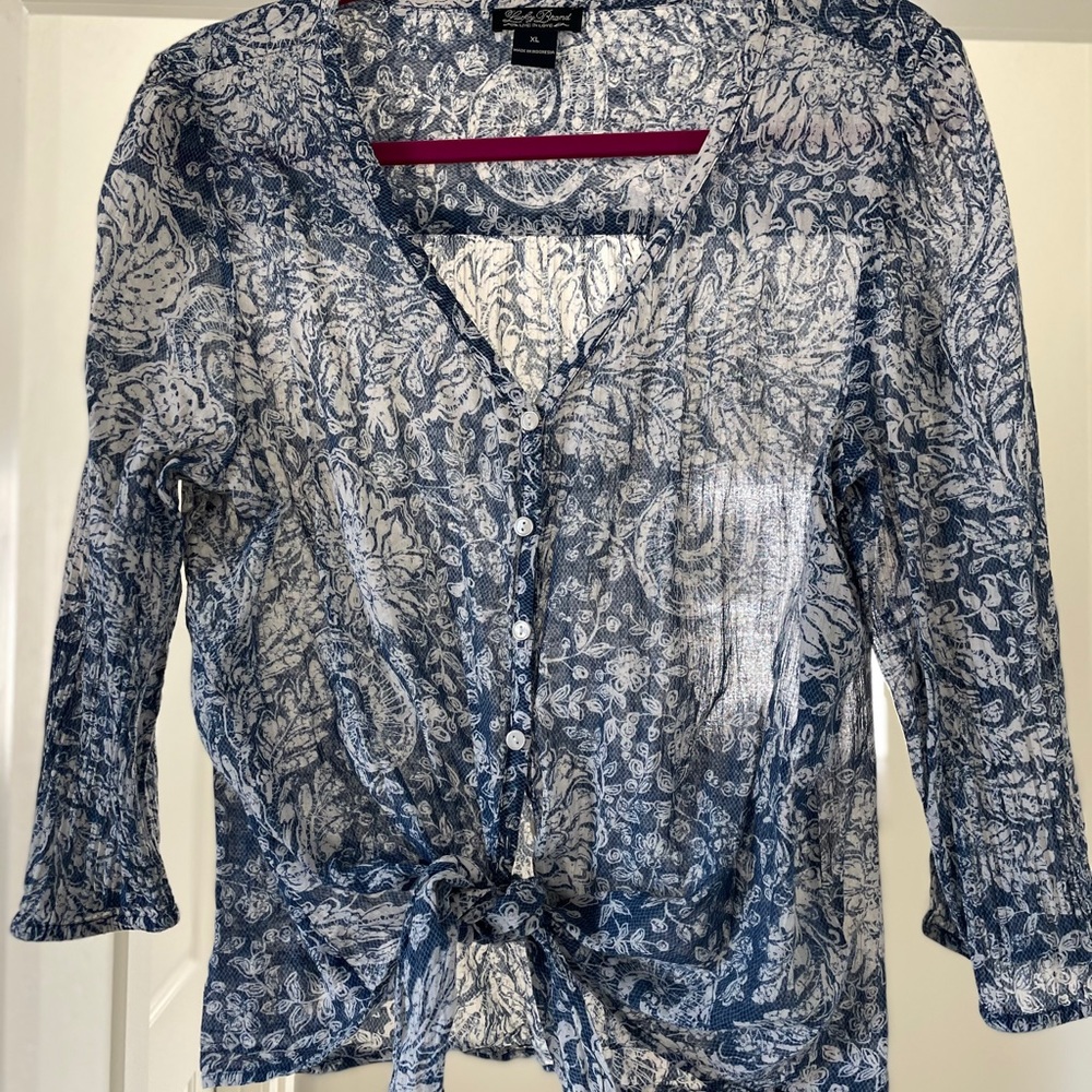 Lucky Brand top with front tie with unique print. - Picture 2 of 4